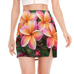 Pink And Yellow Plumeria Flower Print Side Slit Mini Skirt
