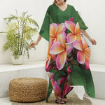 Pink And Yellow Plumeria Flower Print Silk V-Neck Kaftan Dress