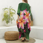 Pink And Yellow Plumeria Flower Print Silk V-Neck Kaftan Dress