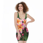 Pink And Yellow Plumeria Flower Print Sleeveless Bodycon Dress