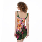 Pink And Yellow Plumeria Flower Print Sleeveless Bodycon Dress
