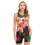 Pink And Yellow Plumeria Flower Print Sleeveless One Piece Swimsuit