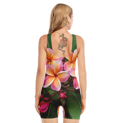 Pink And Yellow Plumeria Flower Print Sleeveless One Piece Swimsuit