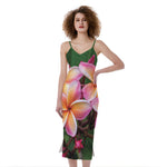 Pink And Yellow Plumeria Flower Print Slim Fit Midi Cami Dress