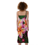 Pink And Yellow Plumeria Flower Print Slim Fit Midi Cami Dress