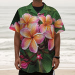 Pink And Yellow Plumeria Flower Print Textured Short Sleeve Shirt