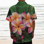 Pink And Yellow Plumeria Flower Print Textured Short Sleeve Shirt