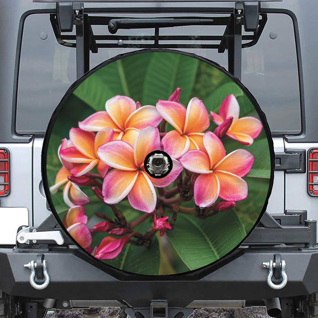 Pink And Yellow Plumeria Flower Print Tire Cover With Camera Hole