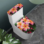 Pink And Yellow Plumeria Flower Print Toilet Lid And Tank Cover Set