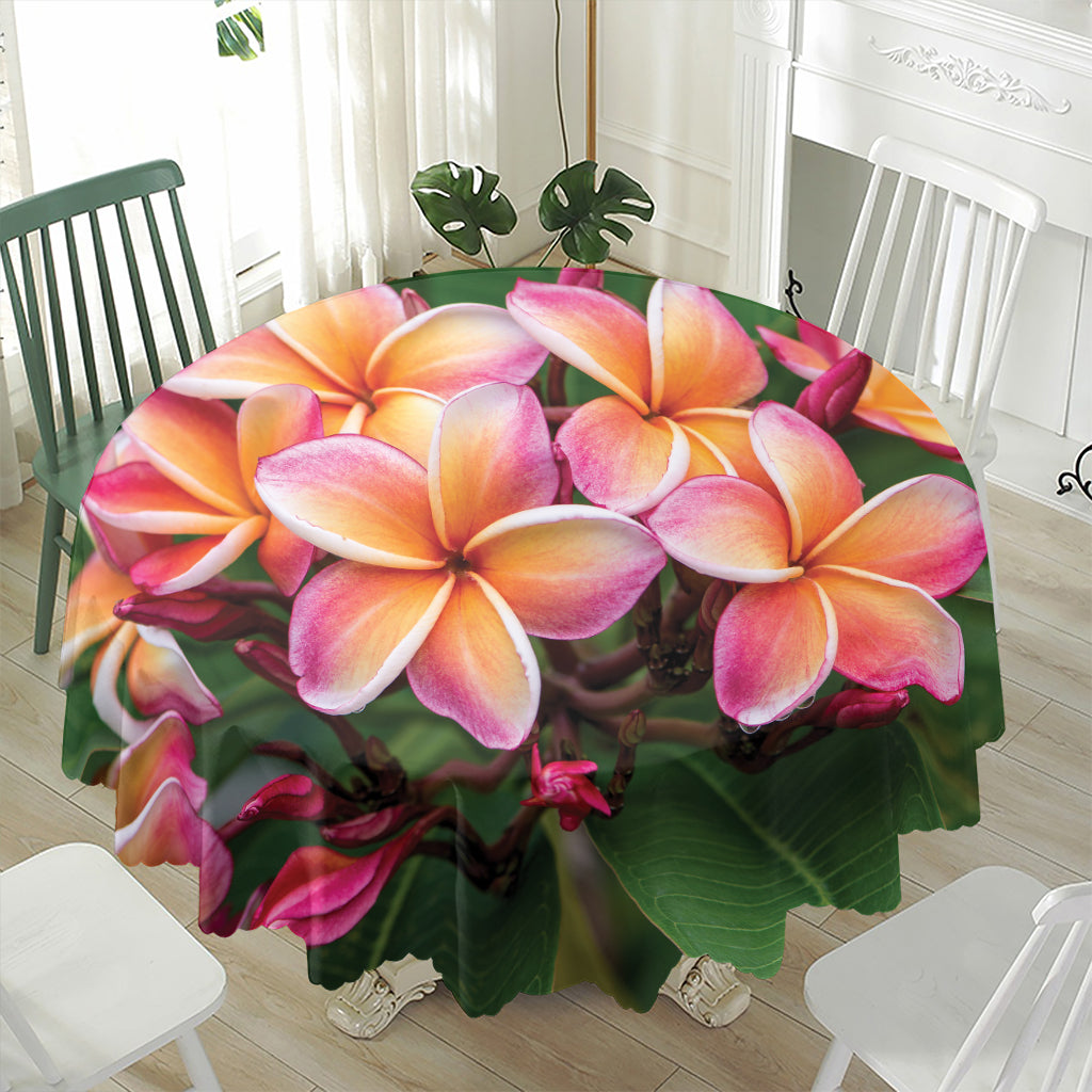 Pink And Yellow Plumeria Flower Print Waterproof Round Tablecloth