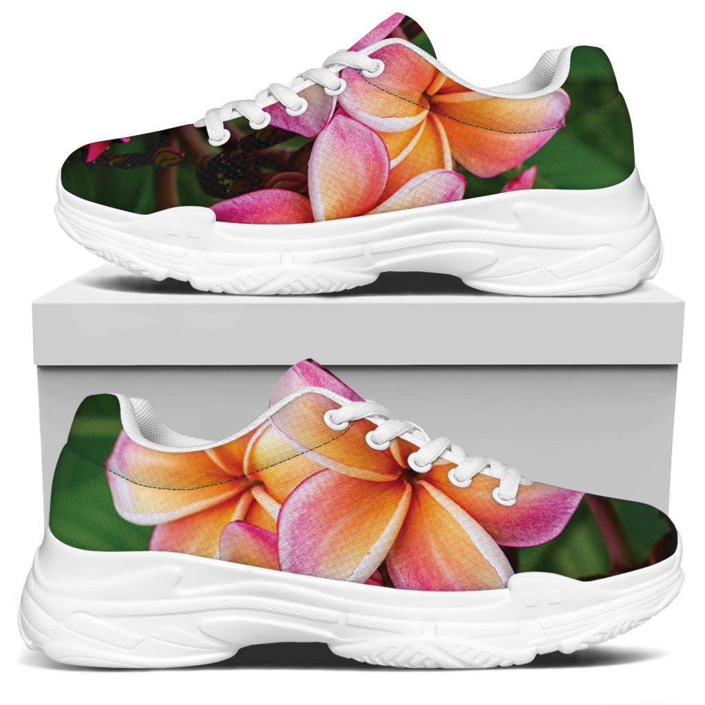 Pink And Yellow Plumeria Flower Print White Chunky Shoes