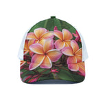 Pink And Yellow Plumeria Flower Print White Mesh Trucker Cap