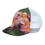 Pink And Yellow Plumeria Flower Print White Mesh Trucker Cap