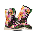 Pink And Yellow Plumeria Flower Print Winter Boots