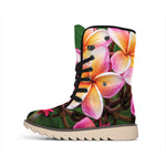 Pink And Yellow Plumeria Flower Print Winter Boots