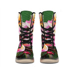 Pink And Yellow Plumeria Flower Print Winter Boots
