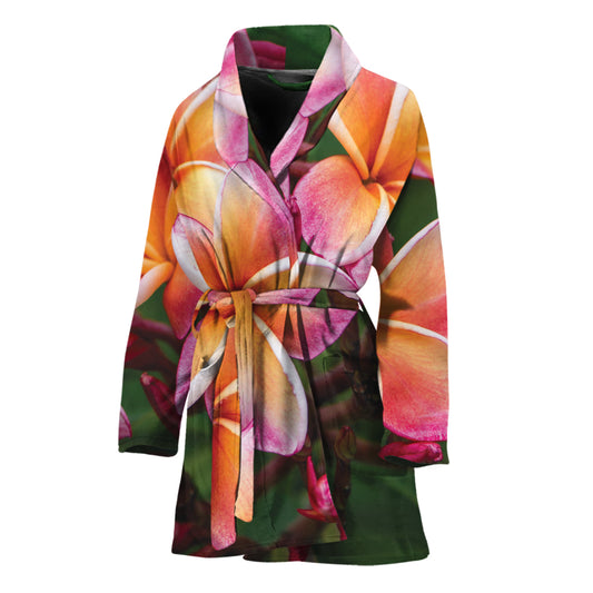 Pink And Yellow Plumeria Flower Print Women's Bathrobe