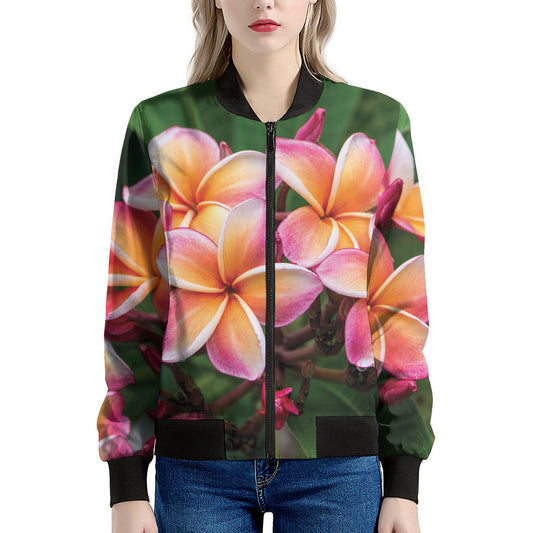 Pink And Yellow Plumeria Flower Print Women's Bomber Jacket