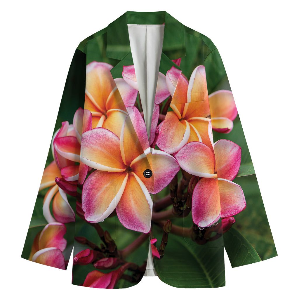 Pink And Yellow Plumeria Flower Print Women's Cotton Blazer