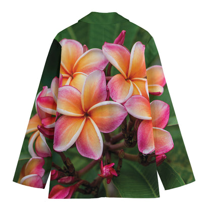 Pink And Yellow Plumeria Flower Print Women's Cotton Blazer