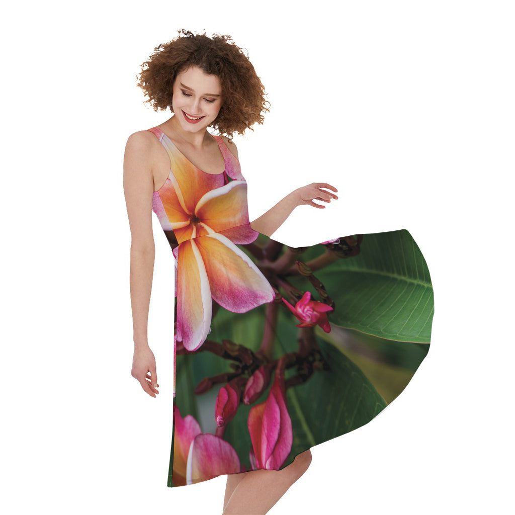 Pink And Yellow Plumeria Flower Print Women's Sleeveless Dress
