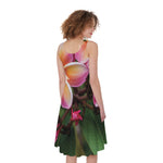Pink And Yellow Plumeria Flower Print Women's Sleeveless Dress