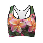 Pink And Yellow Plumeria Flower Print Women's Sports Bra