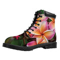Pink And Yellow Plumeria Flower Print Padded Collar Lace Up Boots