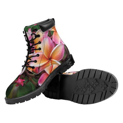 Pink And Yellow Plumeria Flower Print Work Boots