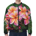 Pink And Yellow Plumeria Flower Print Zip Sleeve Bomber Jacket