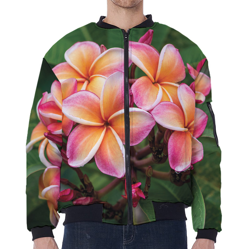 Pink And Yellow Plumeria Flower Print Zip Sleeve Bomber Jacket