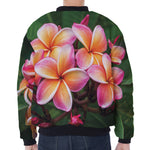 Pink And Yellow Plumeria Flower Print Zip Sleeve Bomber Jacket