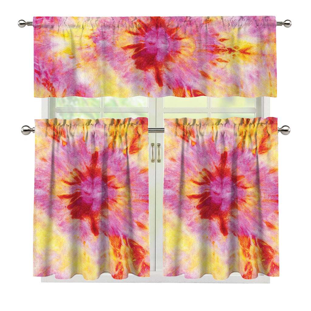 Pink And Yellow Tie Dye Print 3 Piece Kitchen Curtains