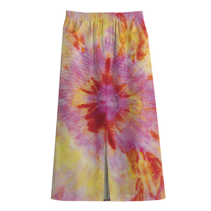 Pink And Yellow Tie Dye Print Cotton Front Slit Maxi Skirt