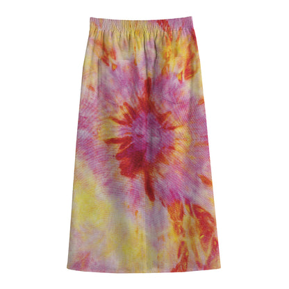 Pink And Yellow Tie Dye Print Cotton Front Slit Maxi Skirt
