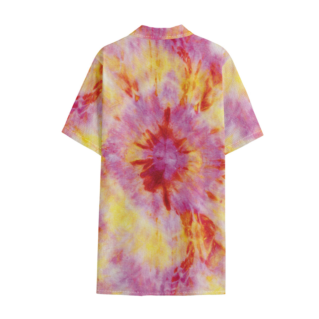 Pink And Yellow Tie Dye Print Cotton Hawaiian Shirt