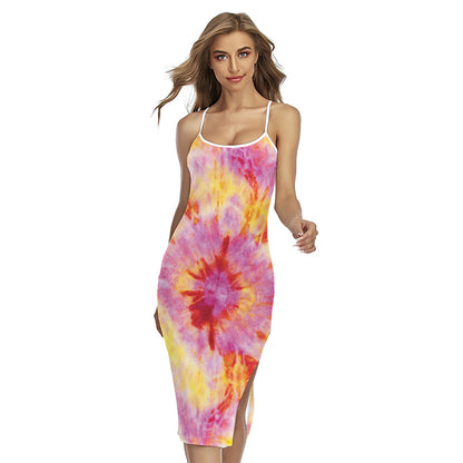 Pink And Yellow Tie Dye Print Cross Back Cami Dress