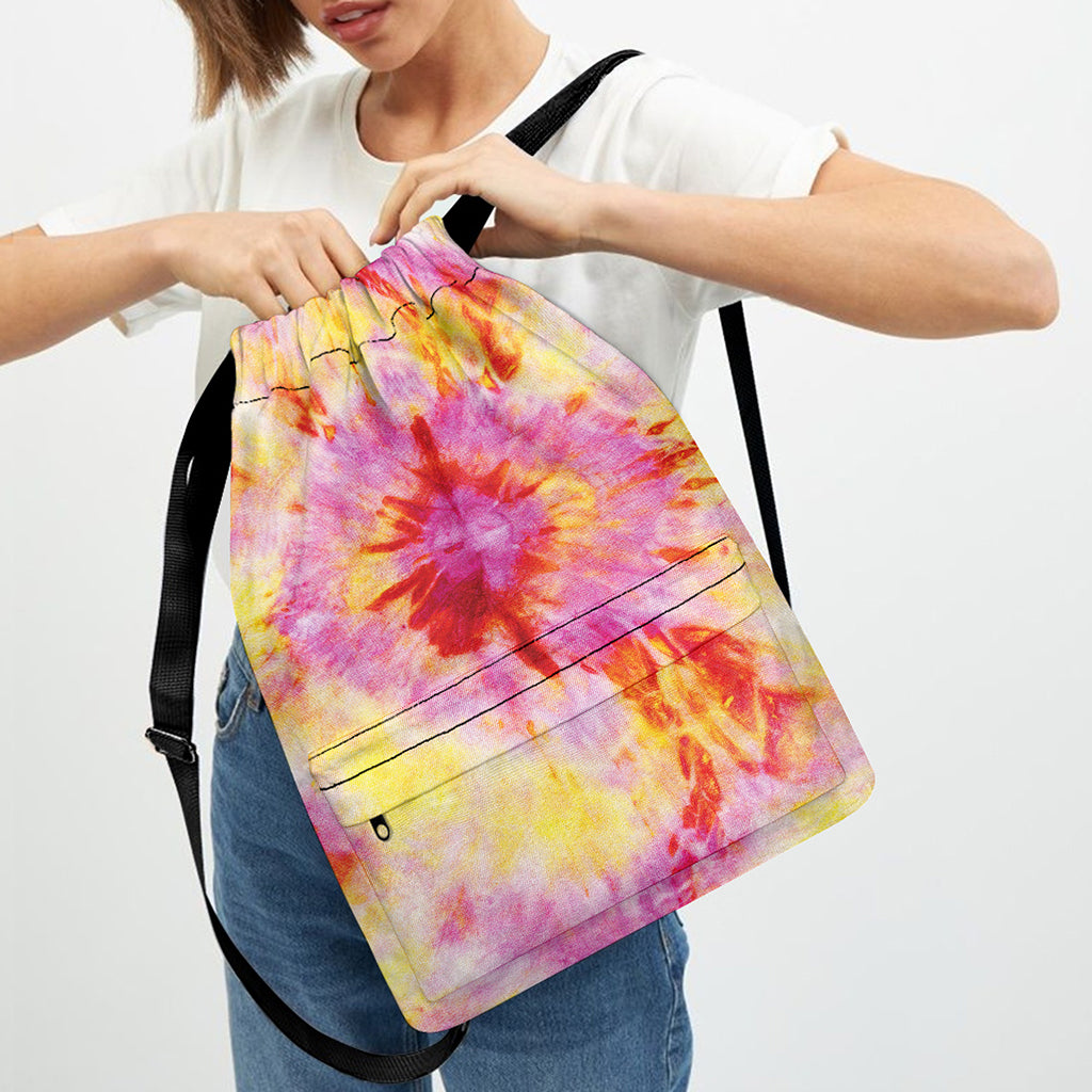 Pink And Yellow Tie Dye Print Drawstring Backpack