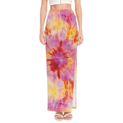 Pink And Yellow Tie Dye Print High Slit Maxi Skirt