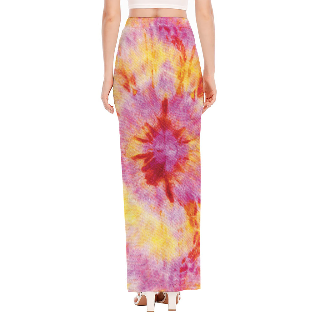 Pink And Yellow Tie Dye Print High Slit Maxi Skirt