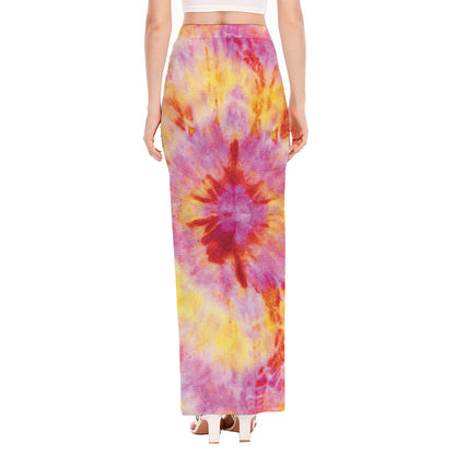 Pink And Yellow Tie Dye Print High Slit Maxi Skirt