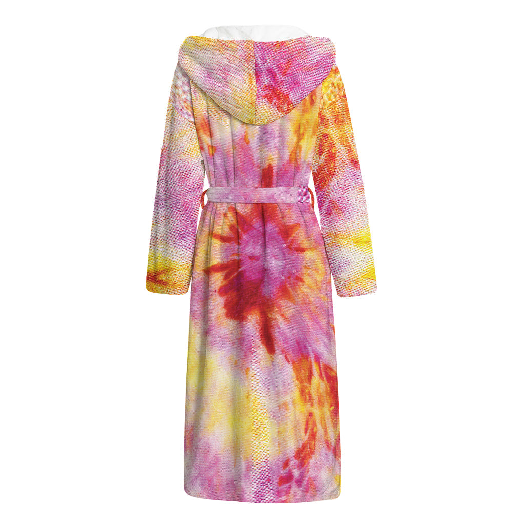 Pink And Yellow Tie Dye Print Hooded Bathrobe