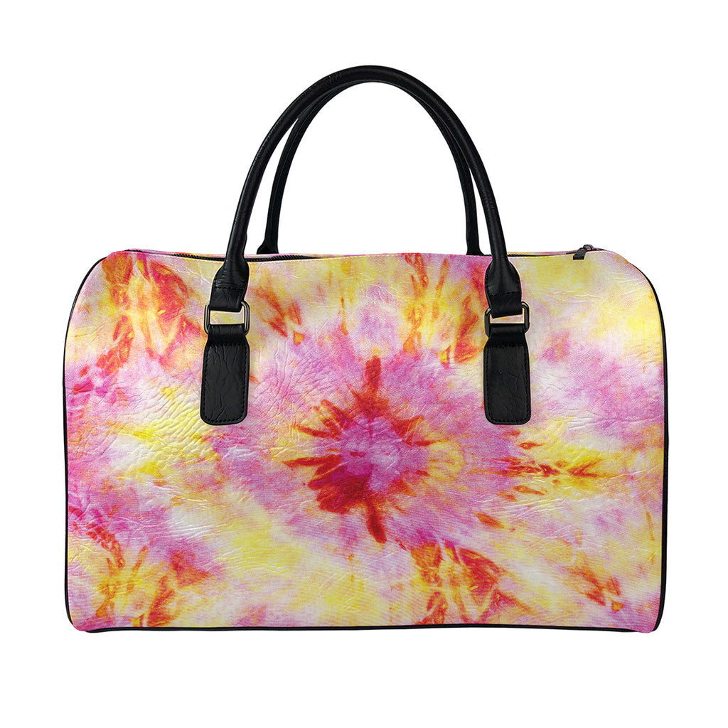 Pink And Yellow Tie Dye Print Leather Duffle Bag