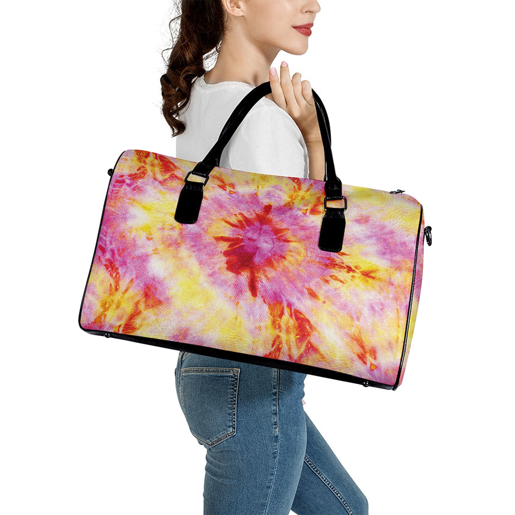 Pink And Yellow Tie Dye Print Leather Duffle Bag