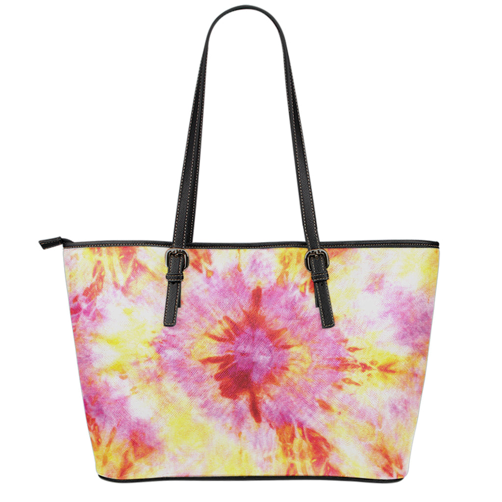 Pink And Yellow Tie Dye Print Leather Tote Bag