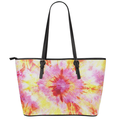 Pink And Yellow Tie Dye Print Leather Tote Bag