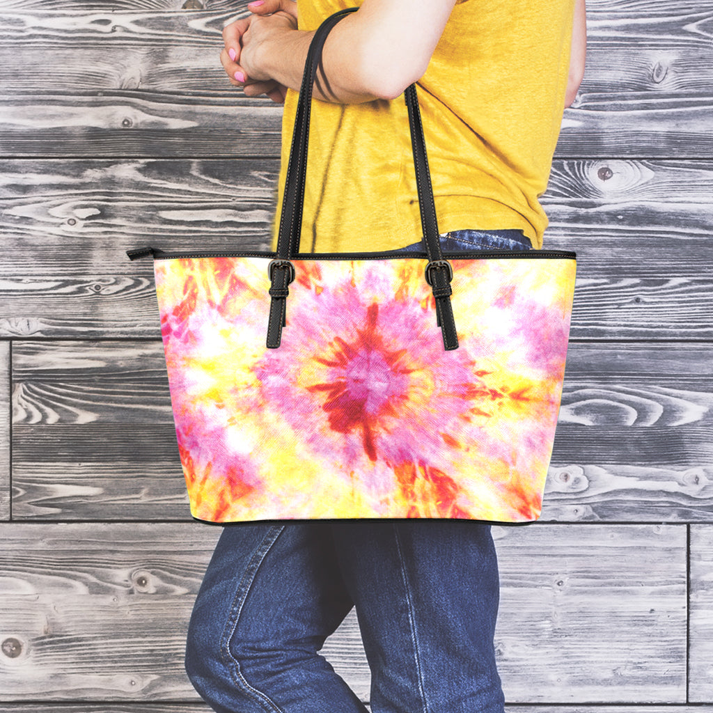 Pink And Yellow Tie Dye Print Leather Tote Bag