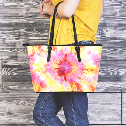 Pink And Yellow Tie Dye Print Leather Tote Bag