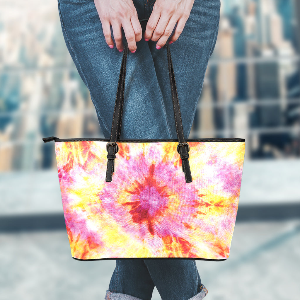 Pink And Yellow Tie Dye Print Leather Tote Bag