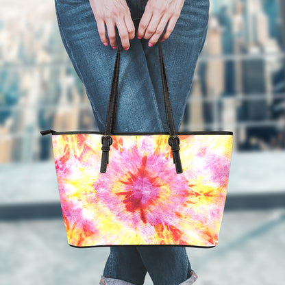 Pink And Yellow Tie Dye Print Leather Tote Bag